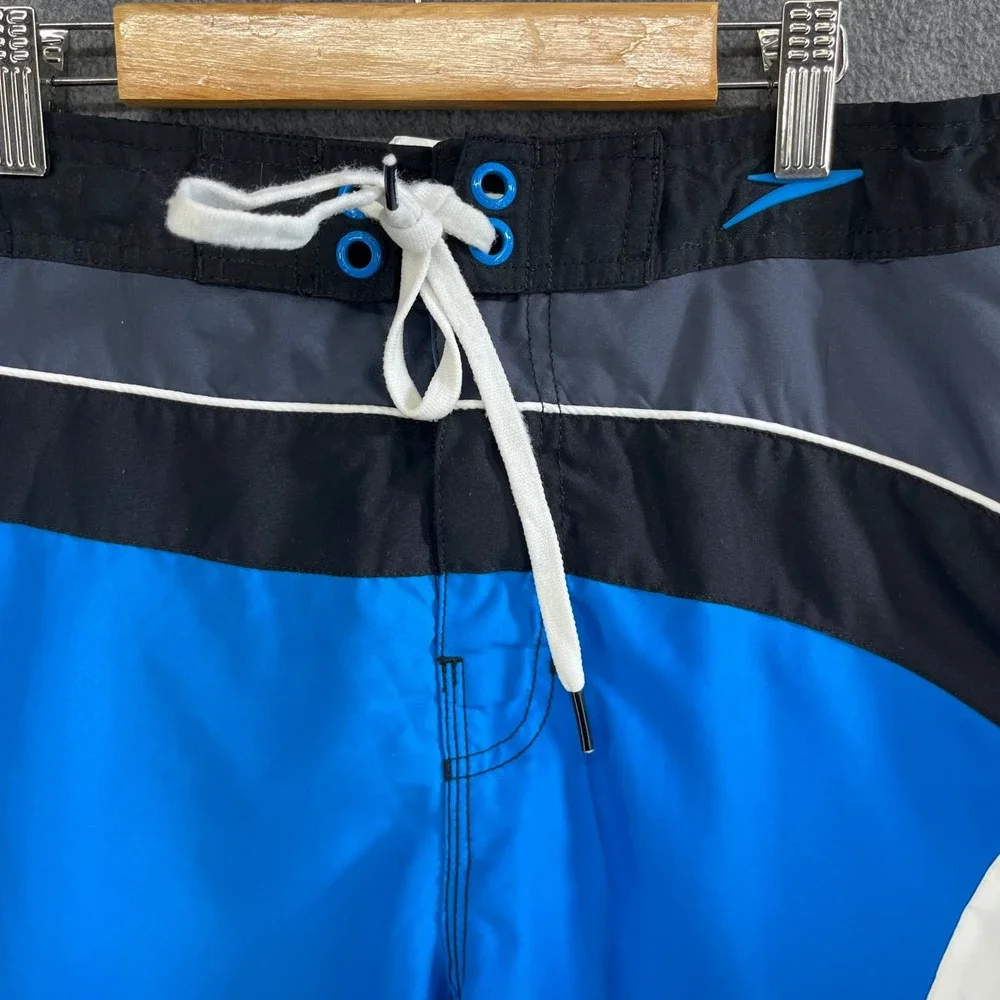 Speedo Mens Swim Trunks Blue Black White Geometric Athletic Size‎ L